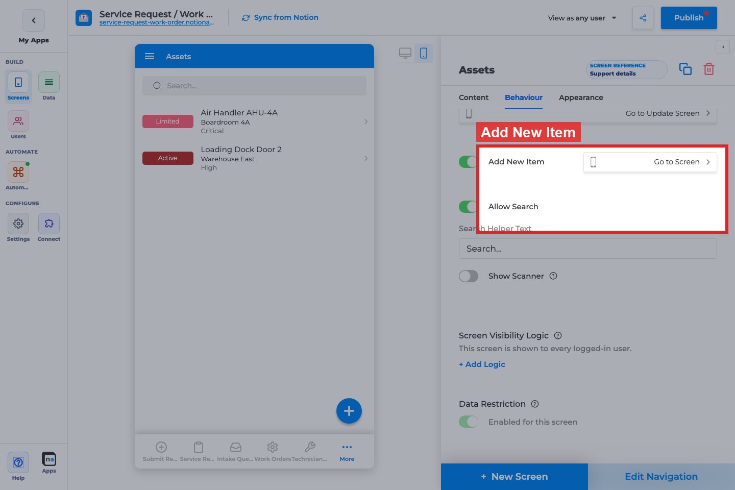 Annotated builder screenshot: Add New Item