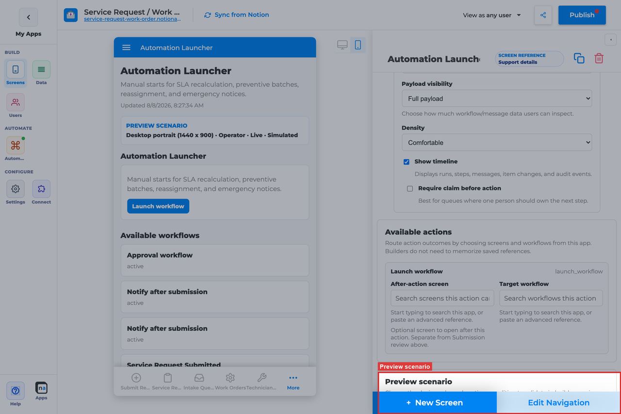 Annotated builder screenshot: Preview scenario
