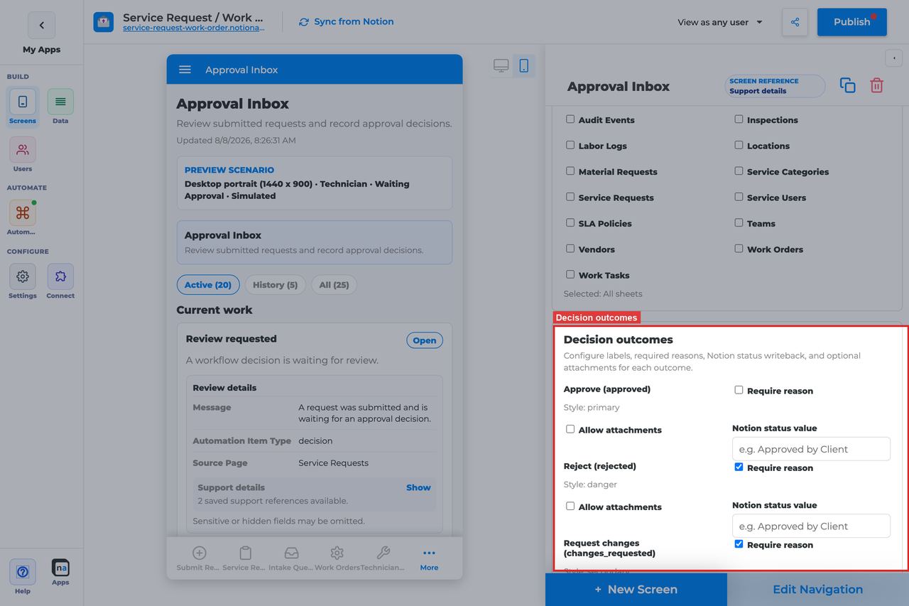 Annotated builder screenshot: Decision outcomes