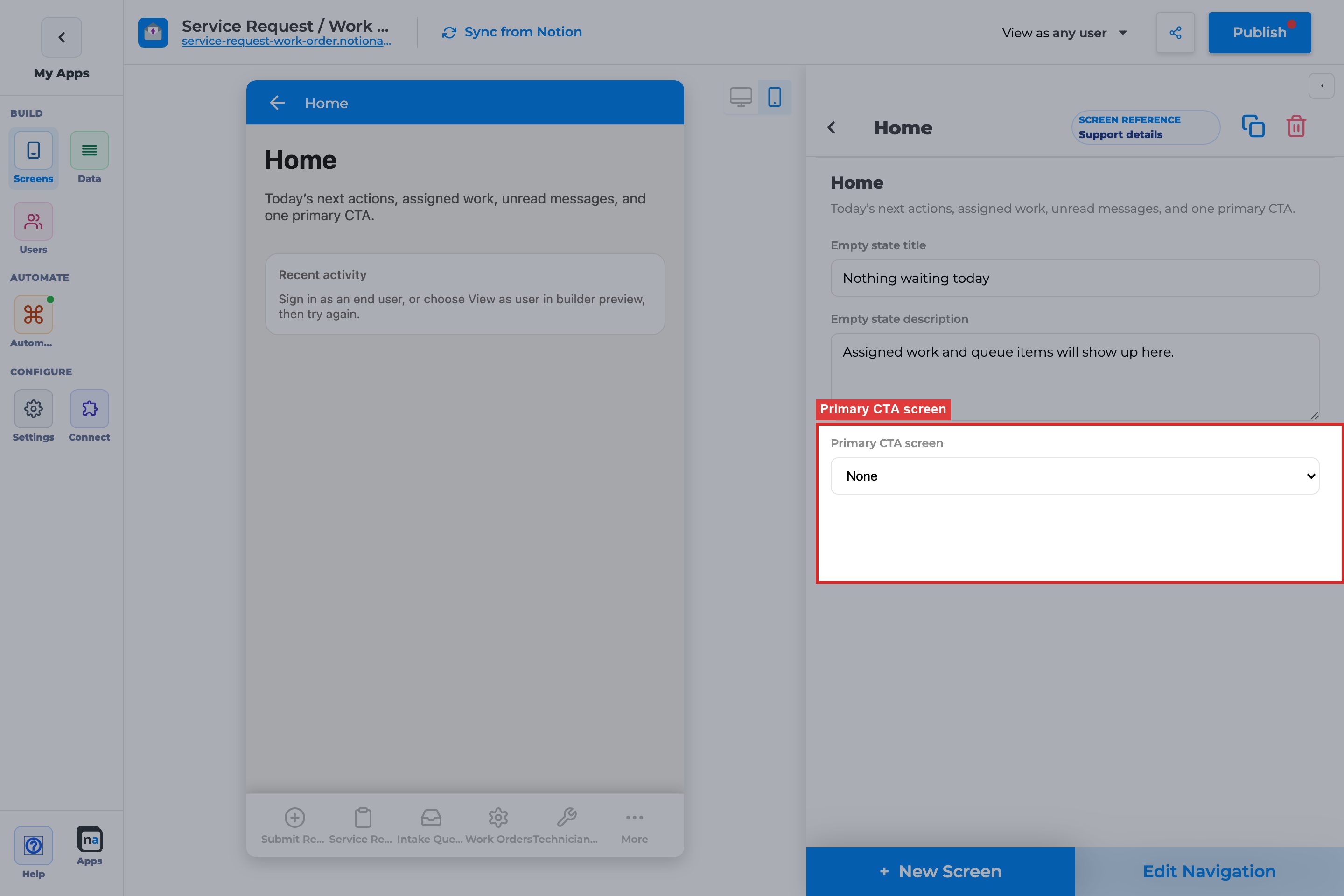 Annotated builder screenshot: Primary CTA screen