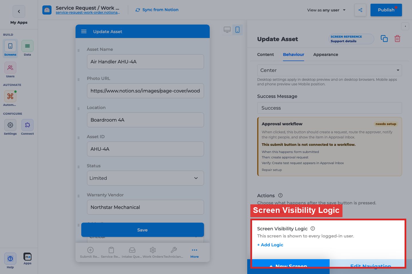 Annotated builder screenshot: Screen Visibility Logic