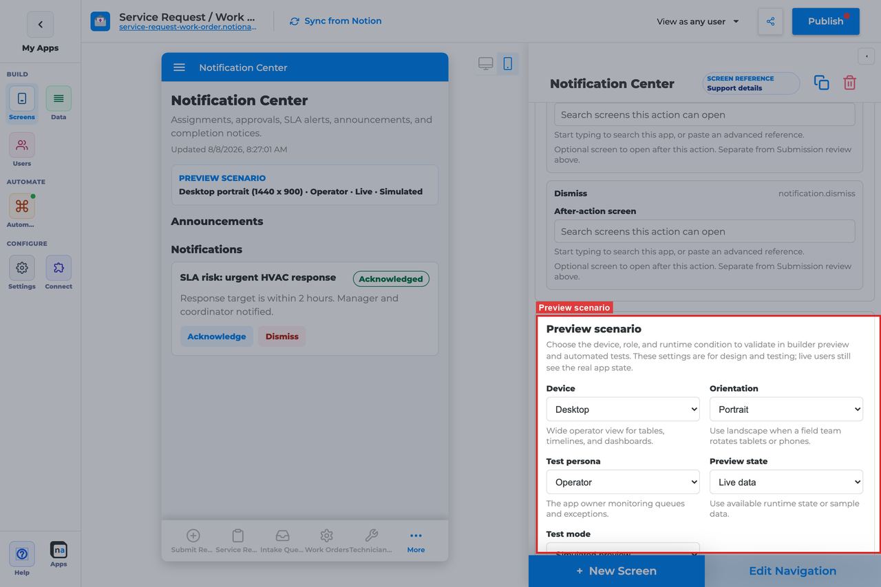 Annotated builder screenshot: Preview scenario