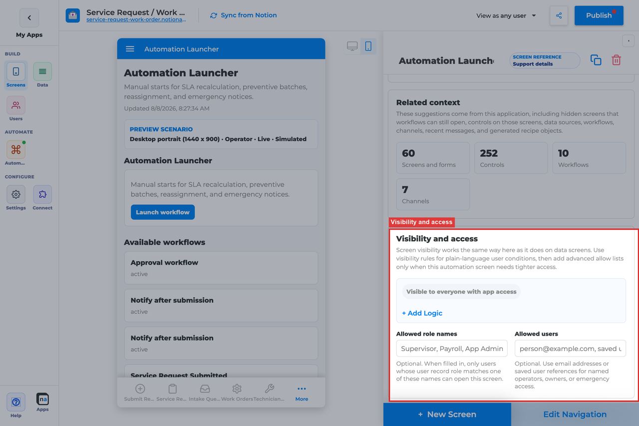 Annotated builder screenshot: Visibility and access