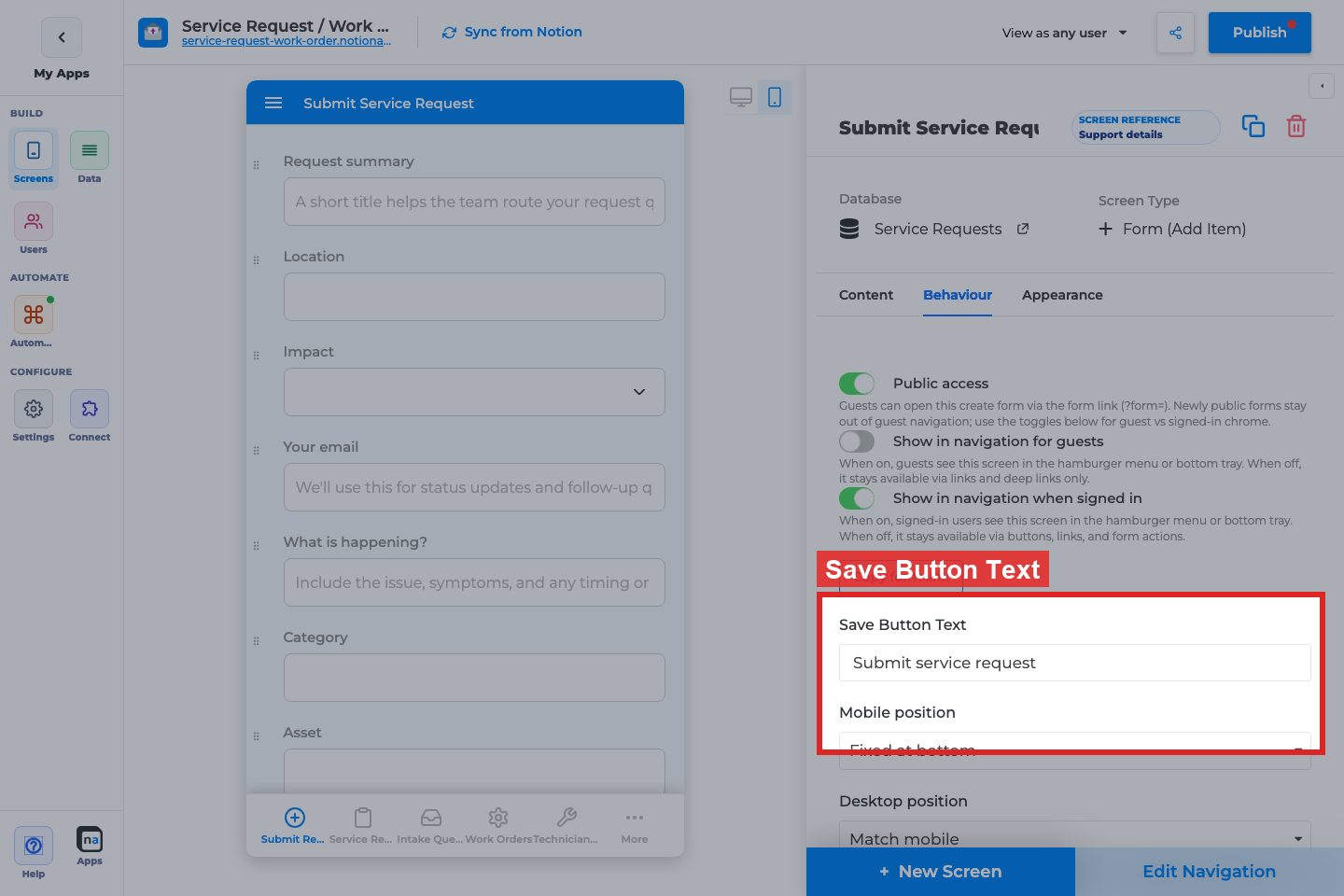 Annotated builder screenshot: Save Button Text / placement