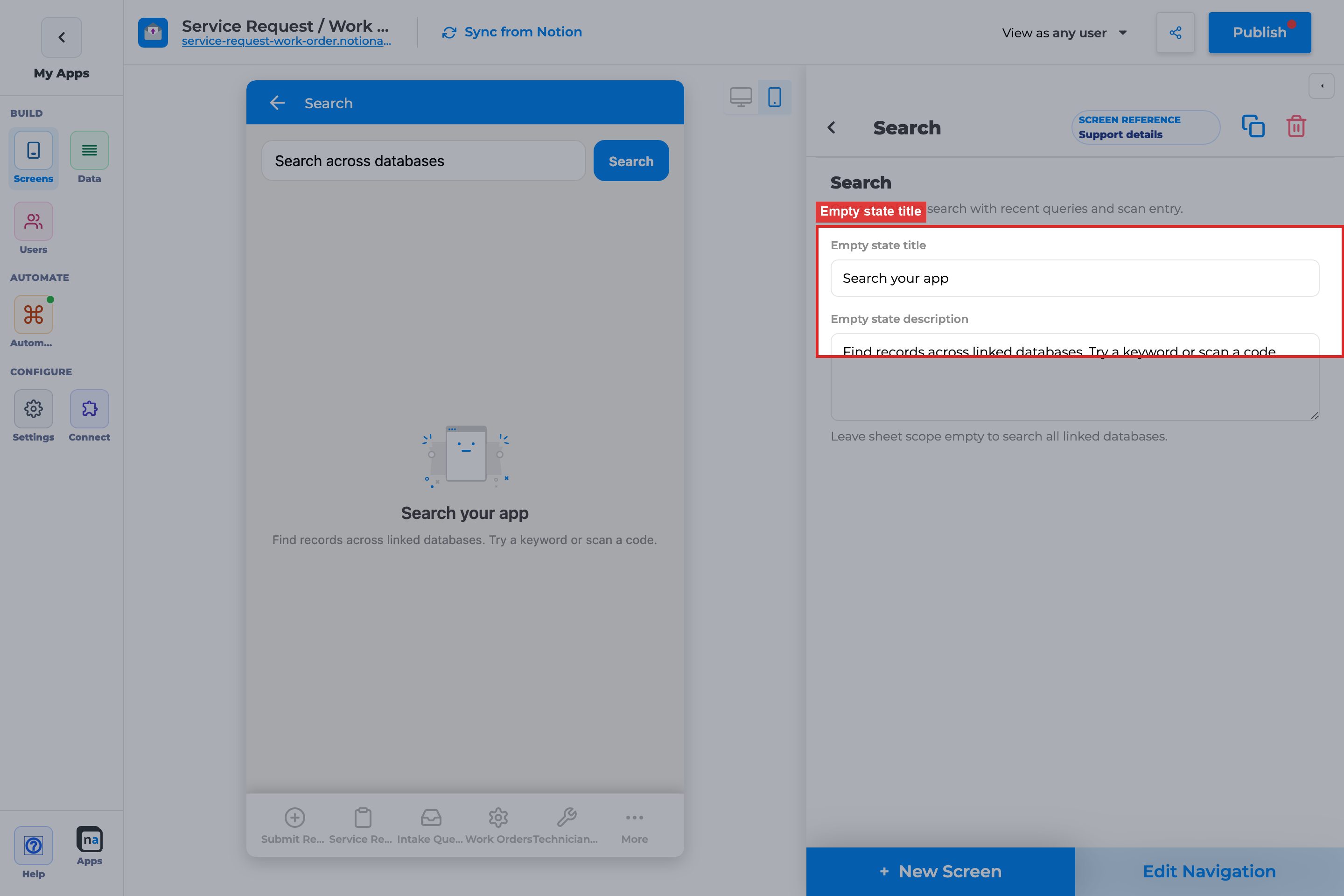 Annotated builder screenshot: Empty state title