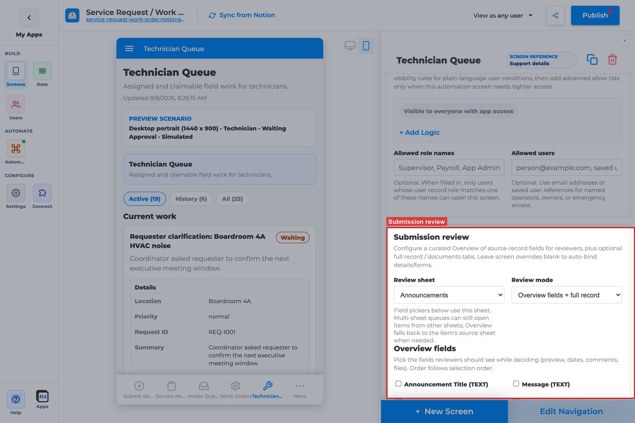 Annotated builder screenshot: Submission review