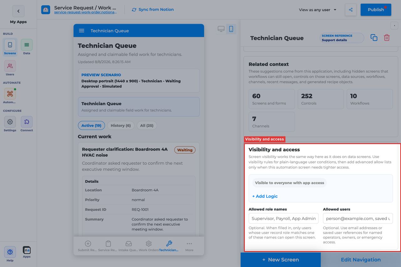 Annotated builder screenshot: Visibility and access