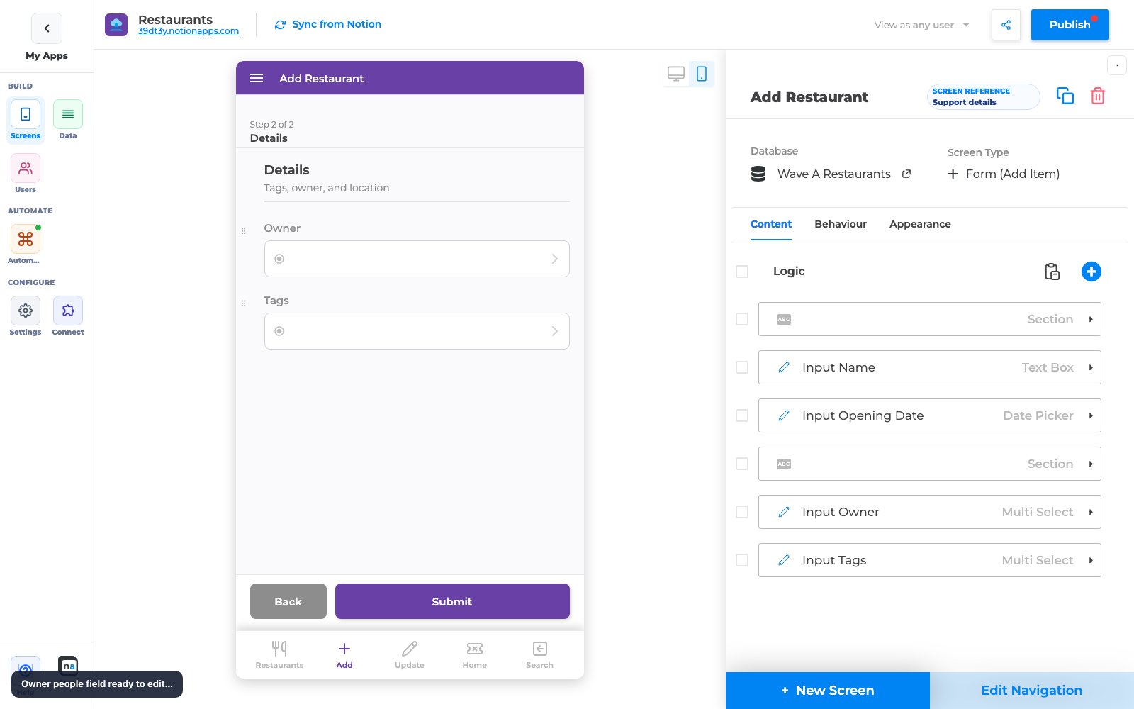 Create form with Owner people field (multi-select) ready to edit
