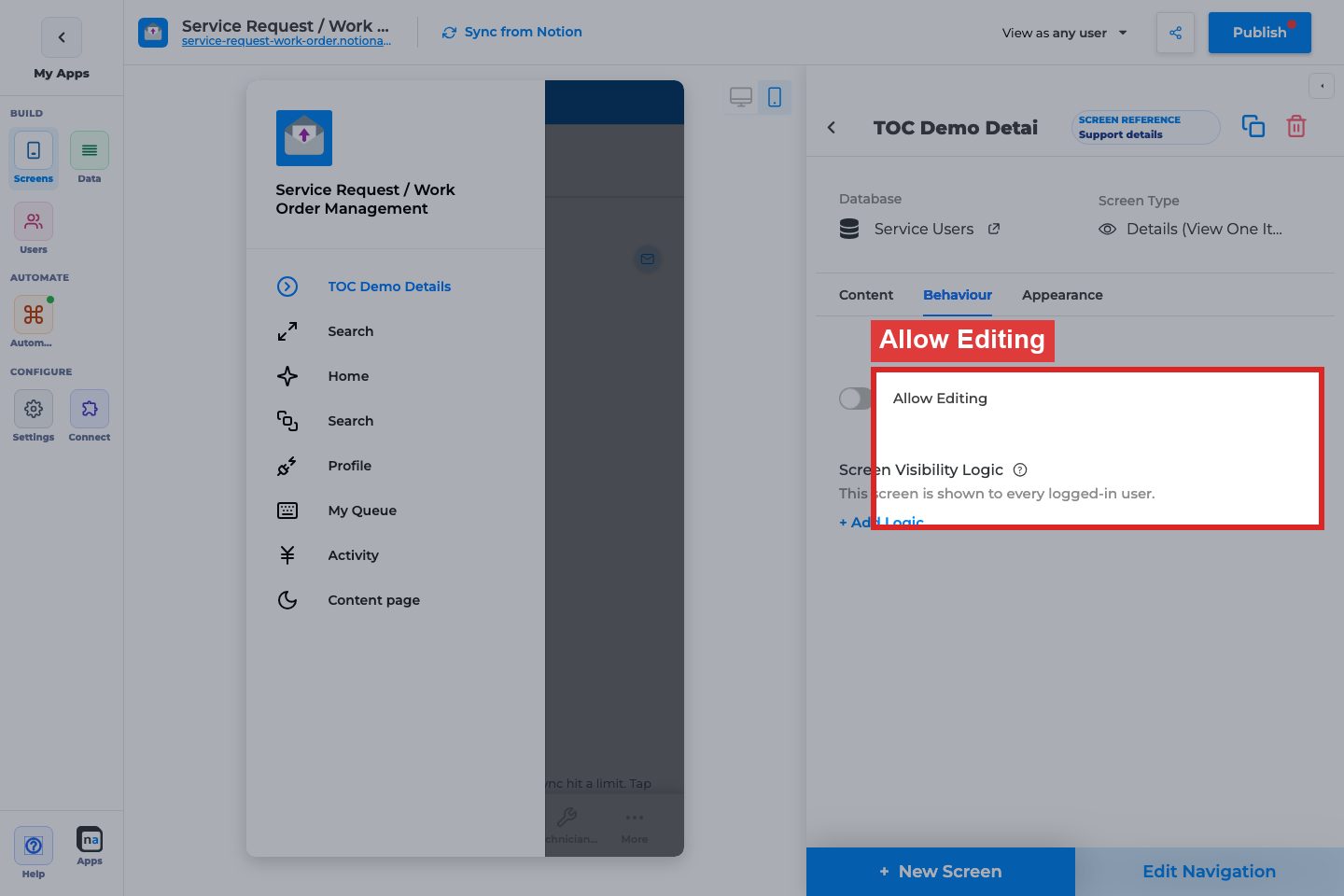Annotated builder screenshot: Allow Editing