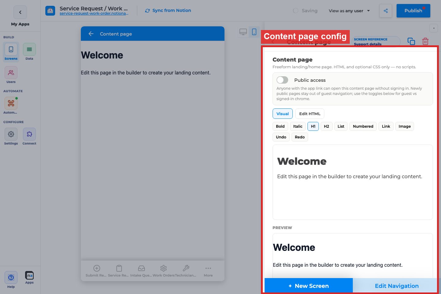 Annotated builder screenshot: Public Content + form path