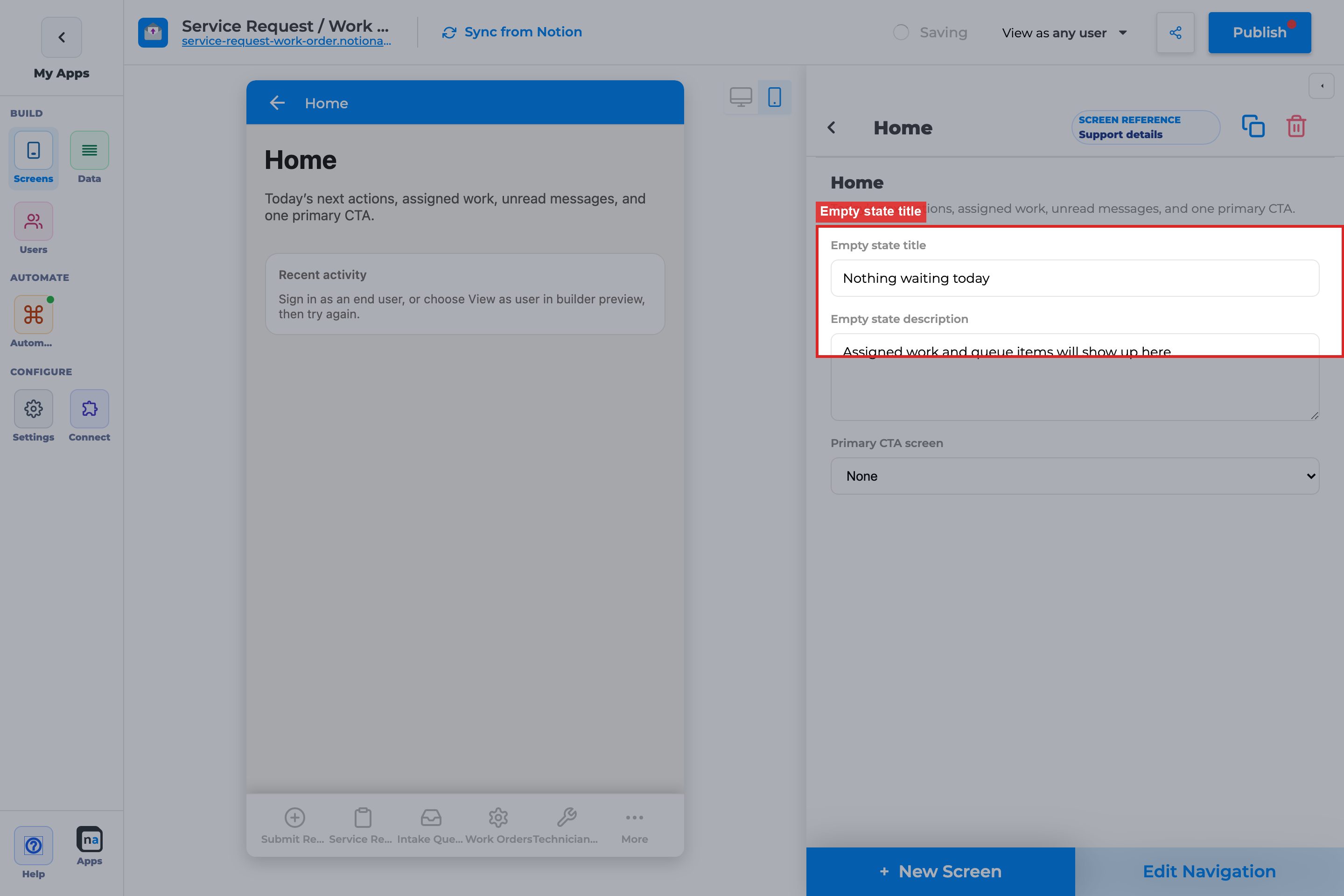 Annotated builder screenshot: Empty state title