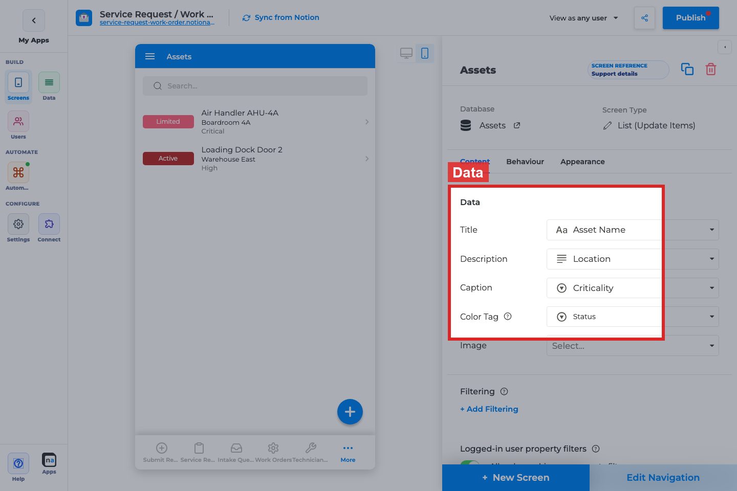 Annotated builder screenshot: Data