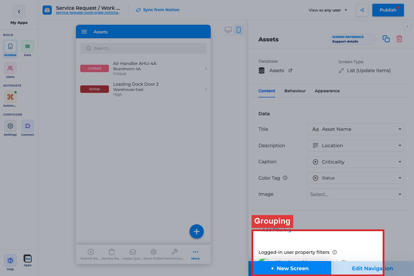 Annotated builder screenshot: Grouping