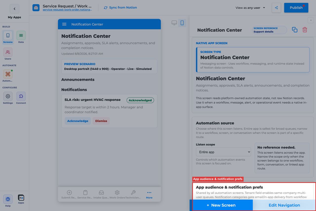 Annotated builder screenshot: App audience and notification prefs