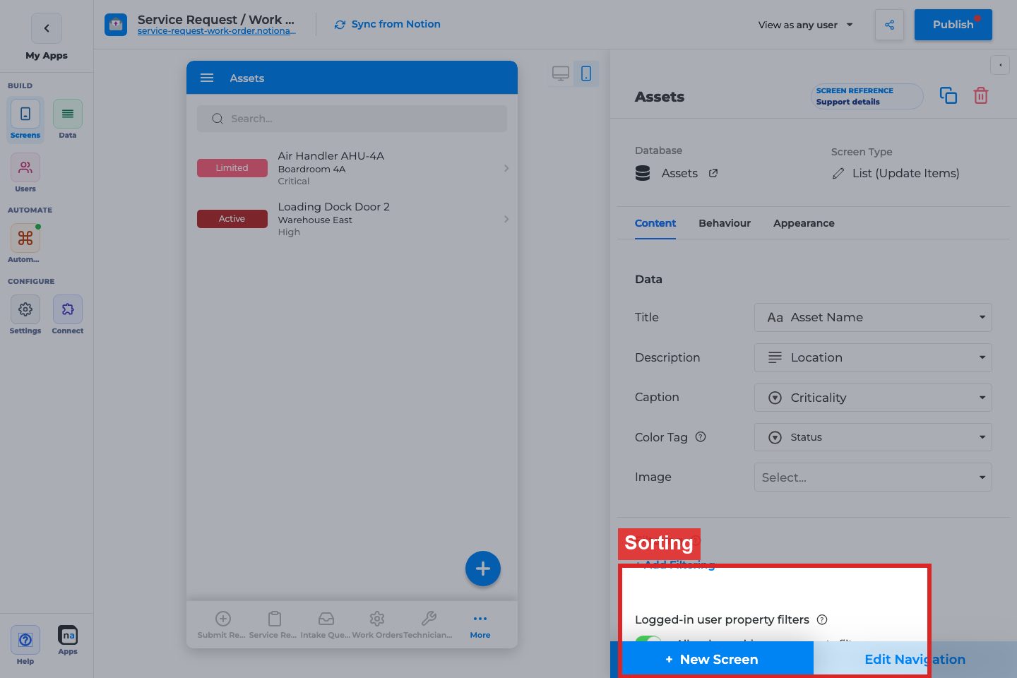 Annotated builder screenshot: Sorting